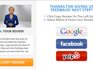 Positive Review Funnel — happy clients are guided to leave a 5-star review on Google, Facebook, or Yelp with one click.