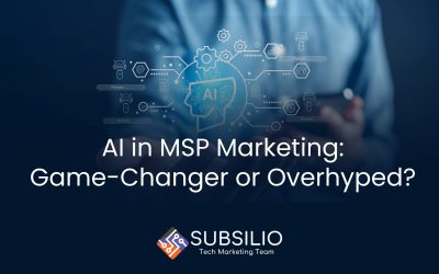 AI in MSP marketing graphic with the text "AI in MSP Marketing: Game-Changer or Overhyped?" and Tech Marketing Team logo.