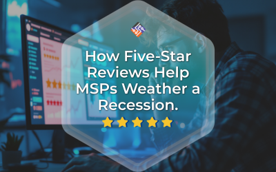 Person analyzing data on a computer screen with a focus on five-star reviews, emphasizing how positive feedback assists MSPs in navigating economic challenges.