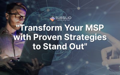 Man using laptop with digital graphics background, featuring the text "Transform Your MSP with Proven Strategies to Stand Out," relevant to MSP marketing strategies.