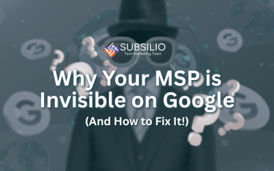 Man in a suit with a hat, surrounded by question marks and Google logos, emphasizing the theme of MSP invisibility on Google and marketing solutions.