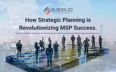 How Strategic Planning is Revolutionizing MSP Success with silhouettes of professionals on a digital chessboard background, symbolizing strategic decision-making in marketing for managed service providers.